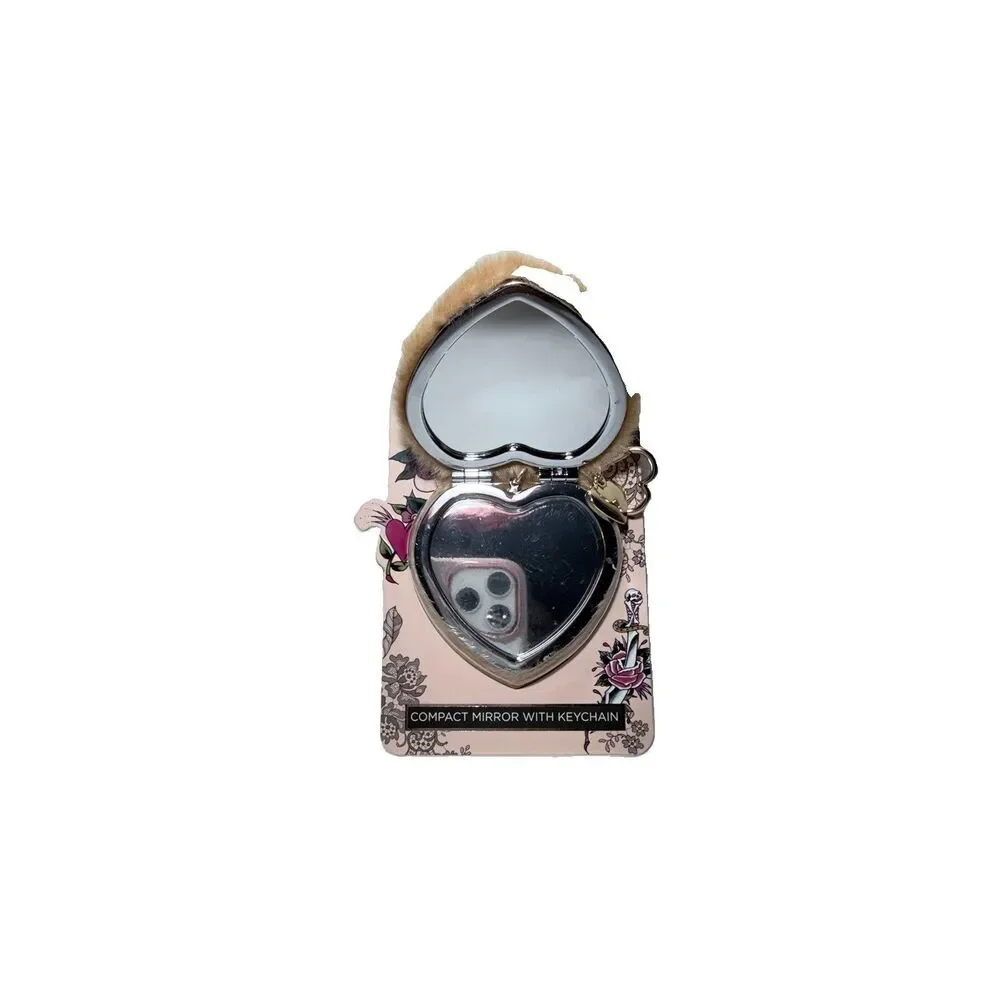 Ed Hardy Faux Fur Heart Compact Double-side Mirror Keychain Y2K New In Package